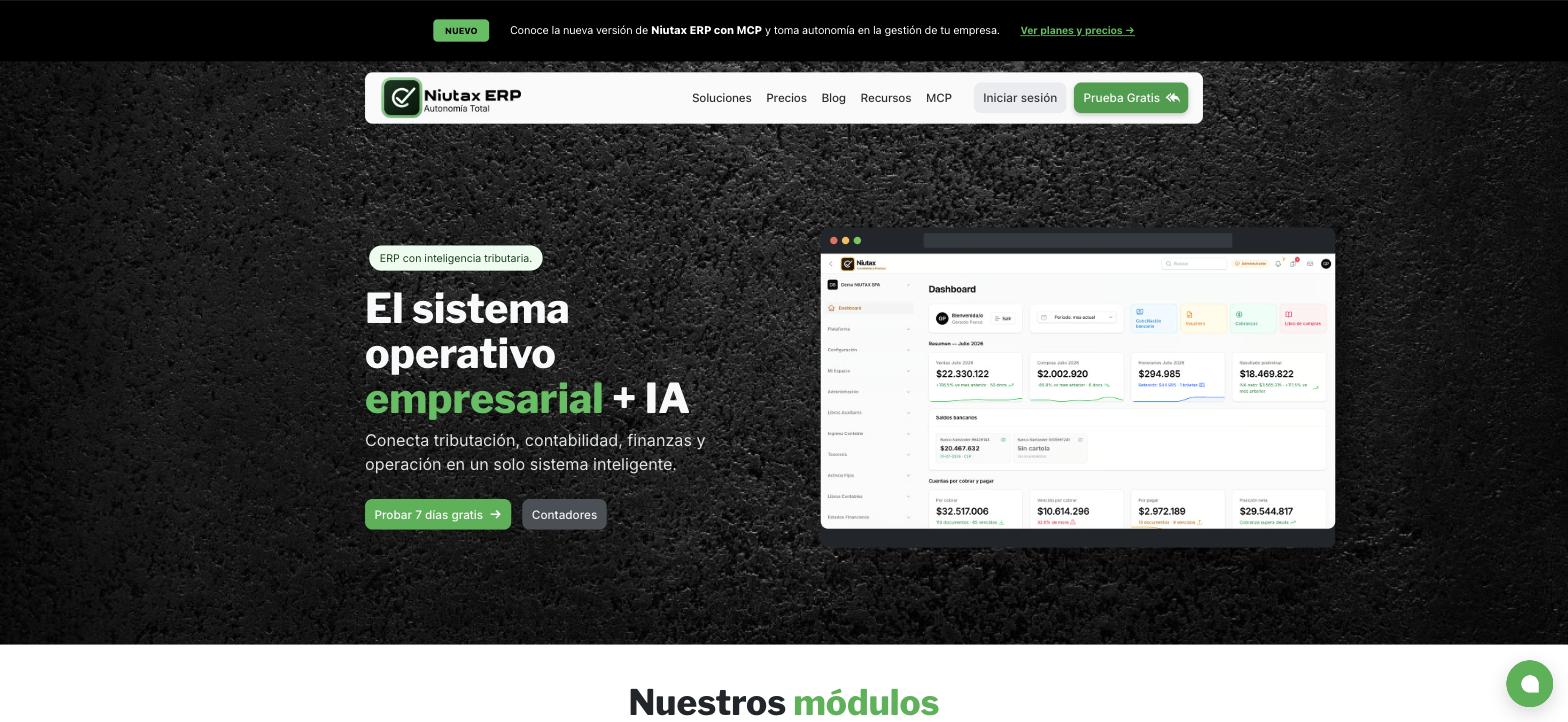 Portada de niutax.cl con el botón Prueba Gratis en el encabezado y Probar 7 días gratis en la portada