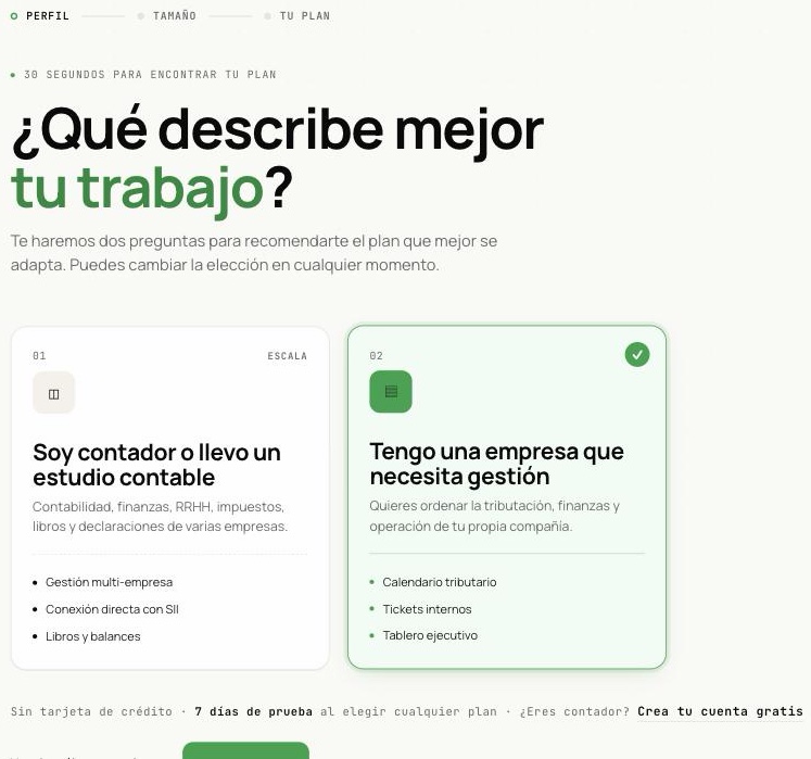 Asistente de planes, paso 1: tarjetas Soy contador o llevo un estudio contable y Tengo una empresa que necesita gestión, la segunda marcada