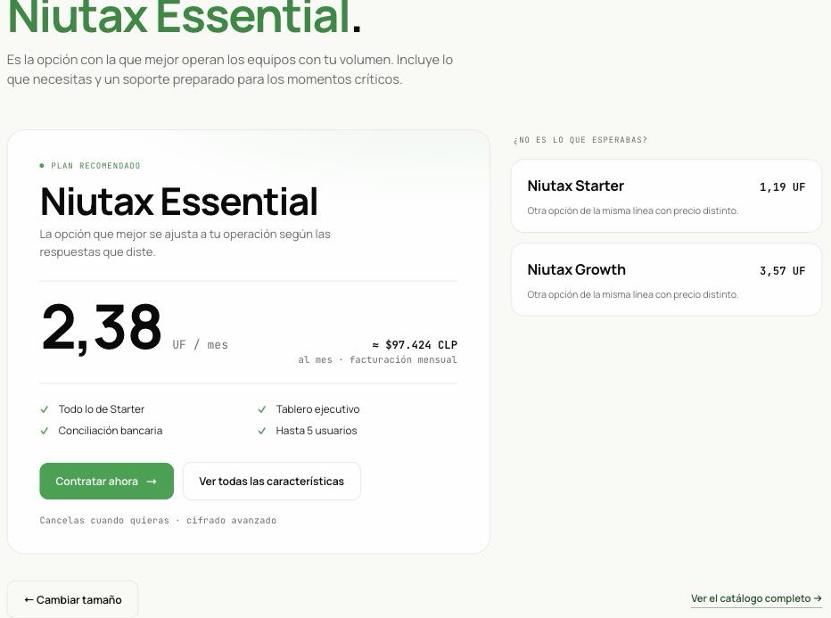 Pantalla Tu plan con el plan recomendado, su valor mensual, lo que incluye, el botón Contratar ahora y dos alternativas