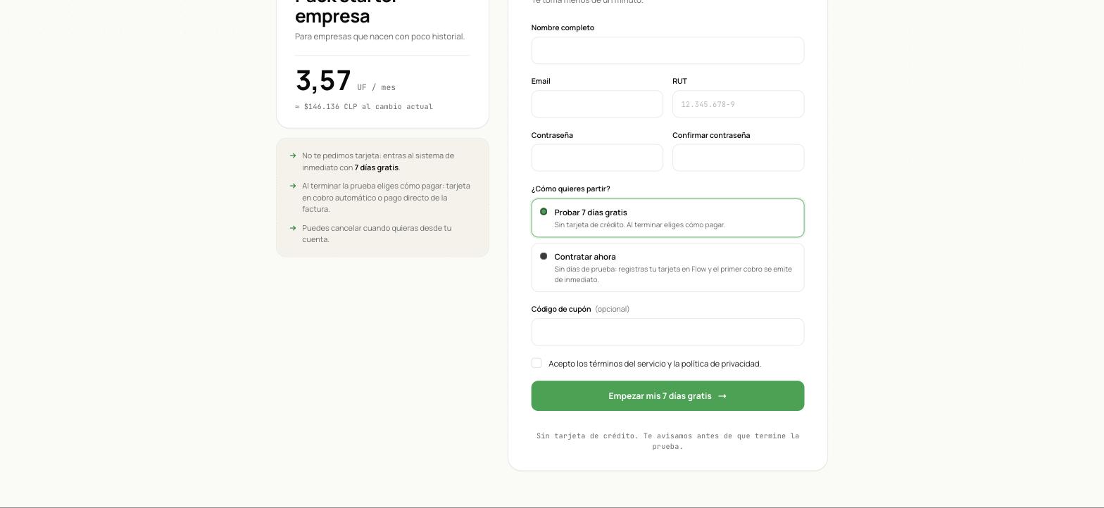 Parte final del formulario: código de cupón opcional, casilla de aceptación de términos y botón Empezar mis 7 días gratis