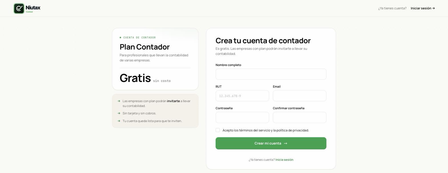 Formulario Crea tu cuenta de contador: plan Contador gratis a la izquierda y campos nombre, RUT, email y contraseña a la derecha