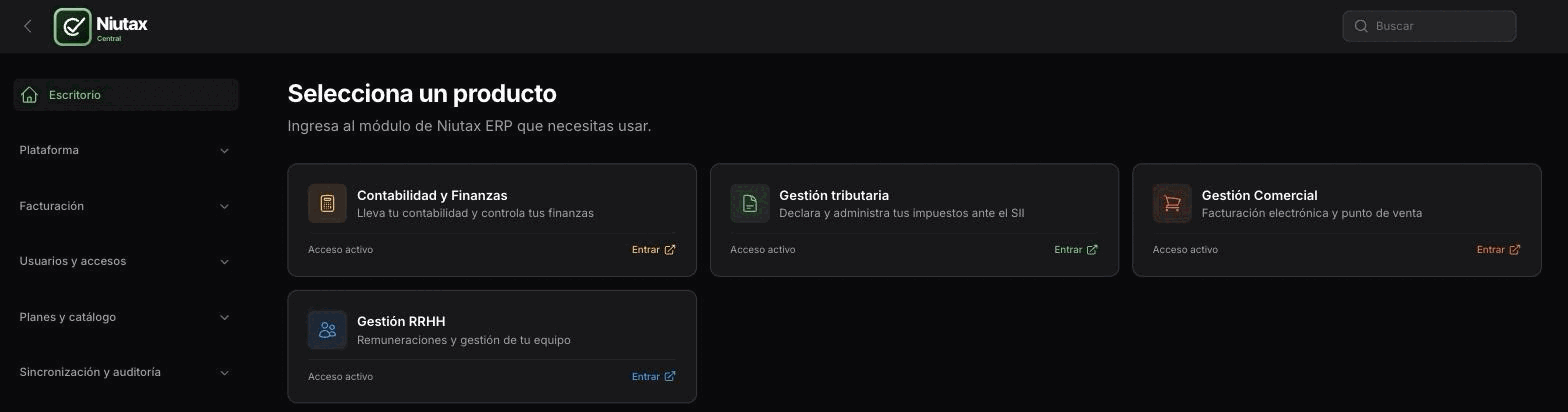 Niutax Central: pantalla Selecciona un producto con las tarjetas Contabilidad y Finanzas, Gestión tributaria, Gestión Comercial y Gestión RRHH