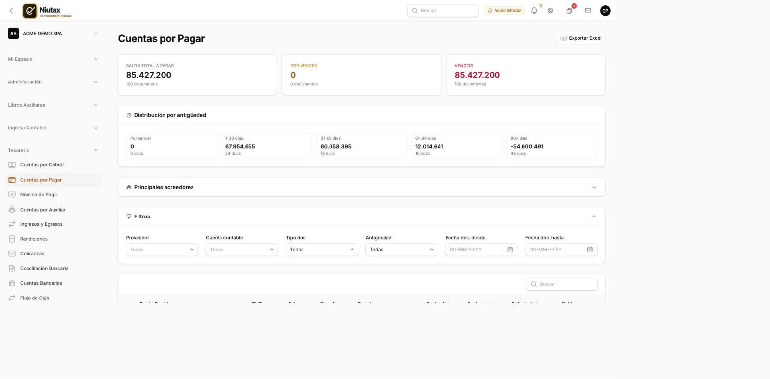 Cuentas por pagar con distribución por antigüedad y filtros por proveedor