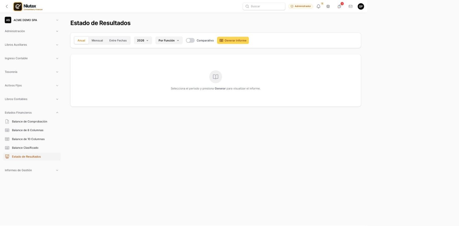 Estado de resultados con selector de período, agrupación y comparativo