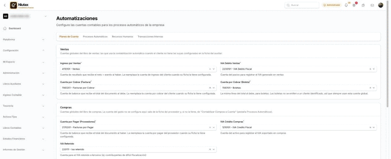 Automatizaciones: pestaña Planes de Cuenta con las cuentas globales de ventas y compras