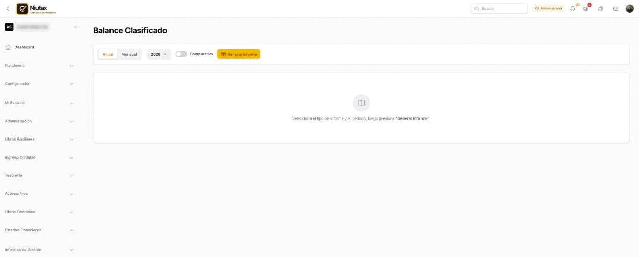 Balance clasificado: selector anual o mensual, año, comparativo y botón Generar informe