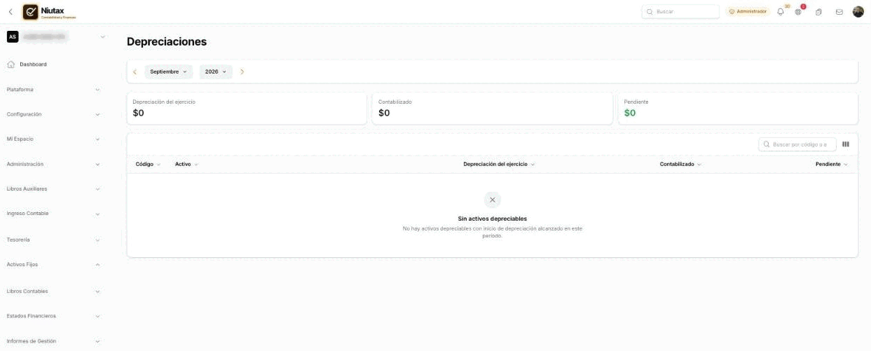 Depreciaciones del período con totales del ejercicio, contabilizado y pendiente