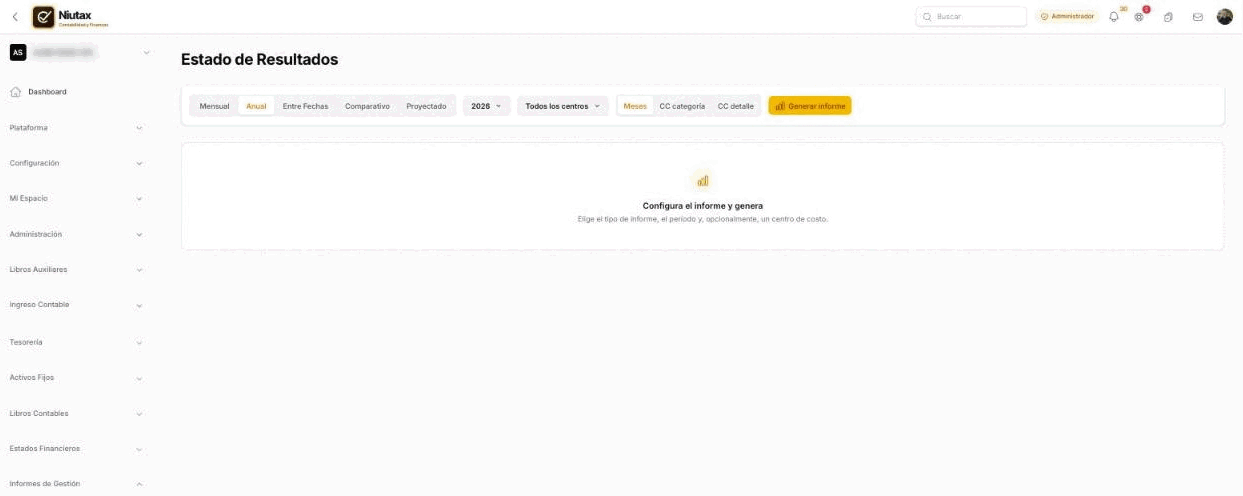Estado de resultados de gestión: mensual, anual, entre fechas, comparativo o proyectado, con centro de costo