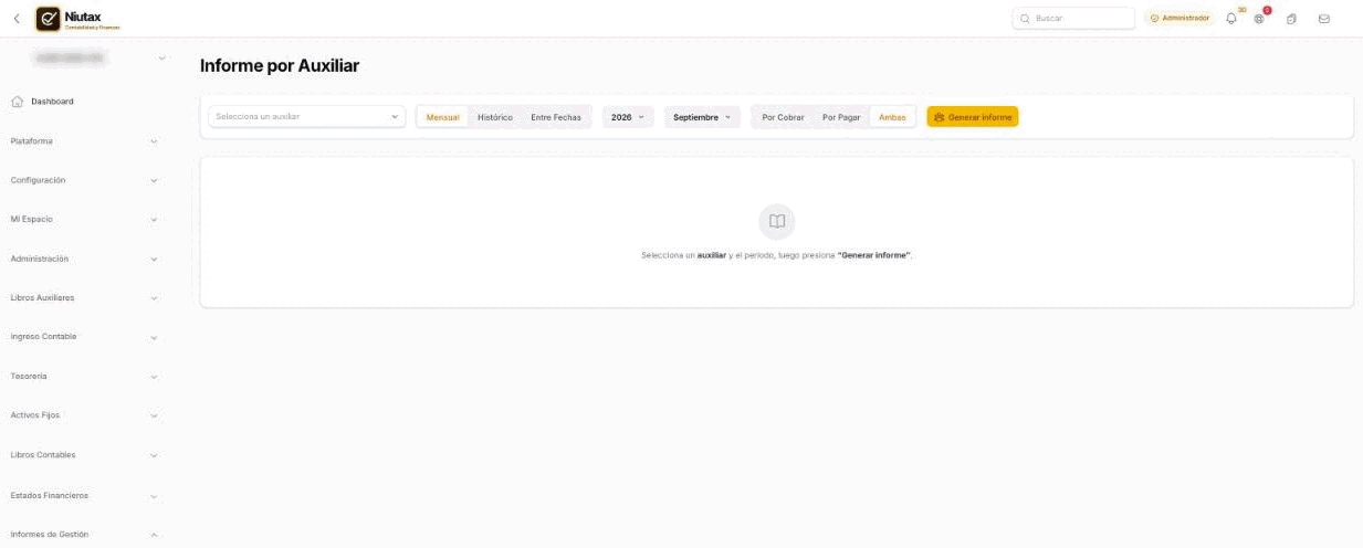 Informe por auxiliar: selector de auxiliar, período mensual, histórico o entre fechas, y por cobrar, por pagar o ambas