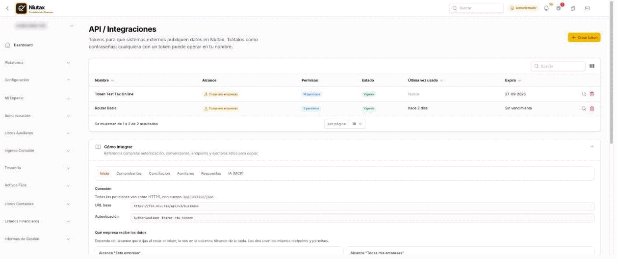 API e integraciones: listado de tokens con alcance, permisos, estado, último uso y vencimiento, y la guía Cómo integrar