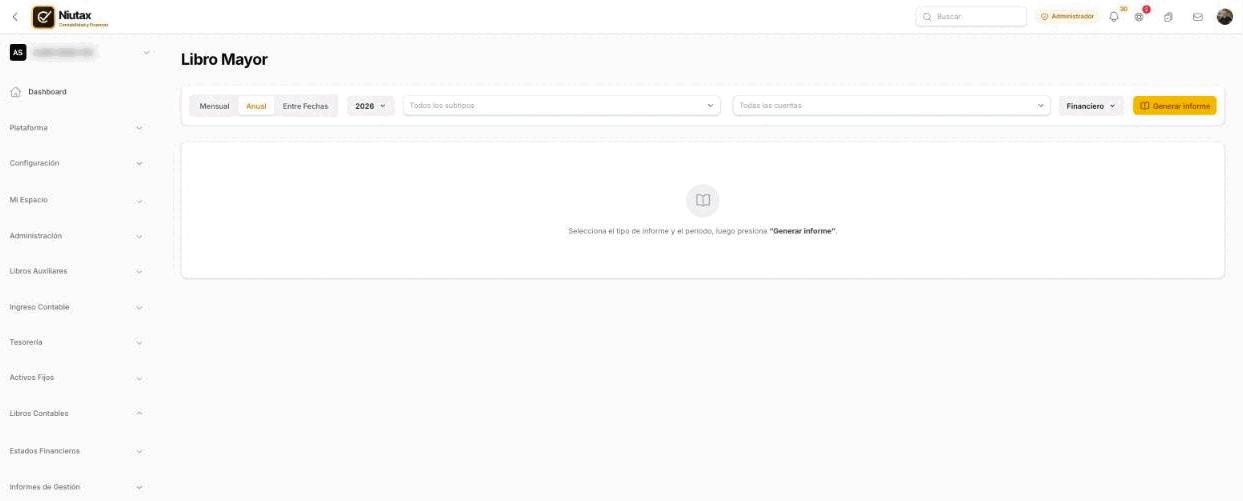 Libro mayor: mensual, anual o entre fechas, con filtros de subtipo, cuenta y tipo financiero