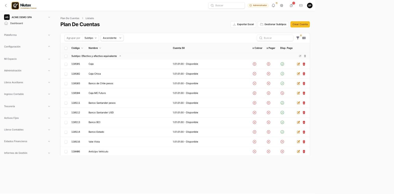 Plan de cuentas agrupado por subtipo con sus marcas de comportamiento