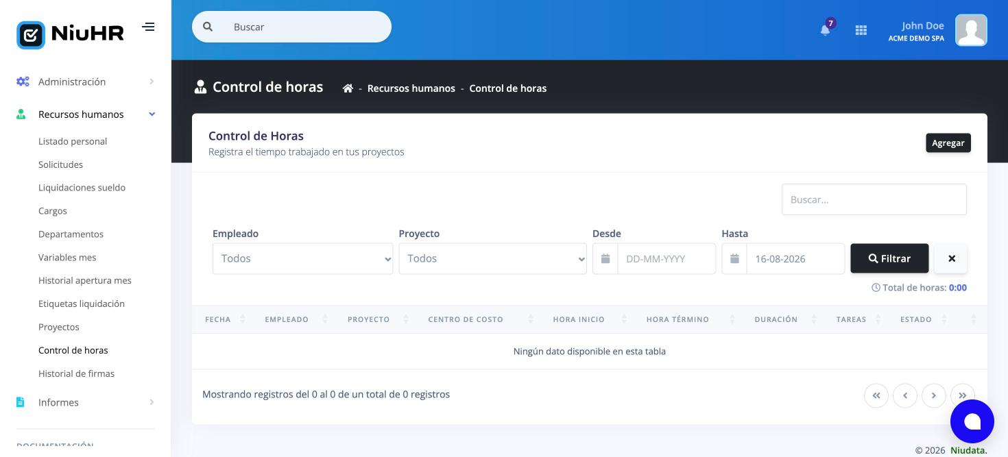Control de horas con filtros por empleado, proyecto y fechas