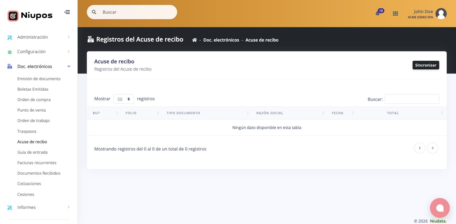 Pantalla de acuse de recibo de documentos