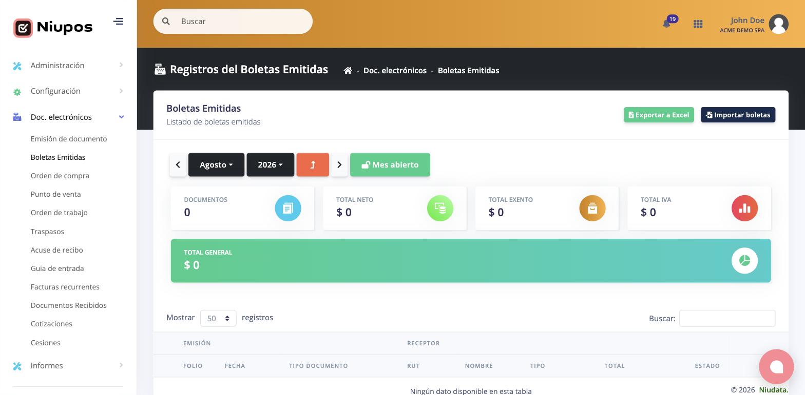 Listado de boletas emitidas con los totales del mes