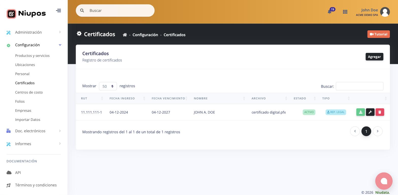 Listado de certificados digitales con su estado y vencimiento