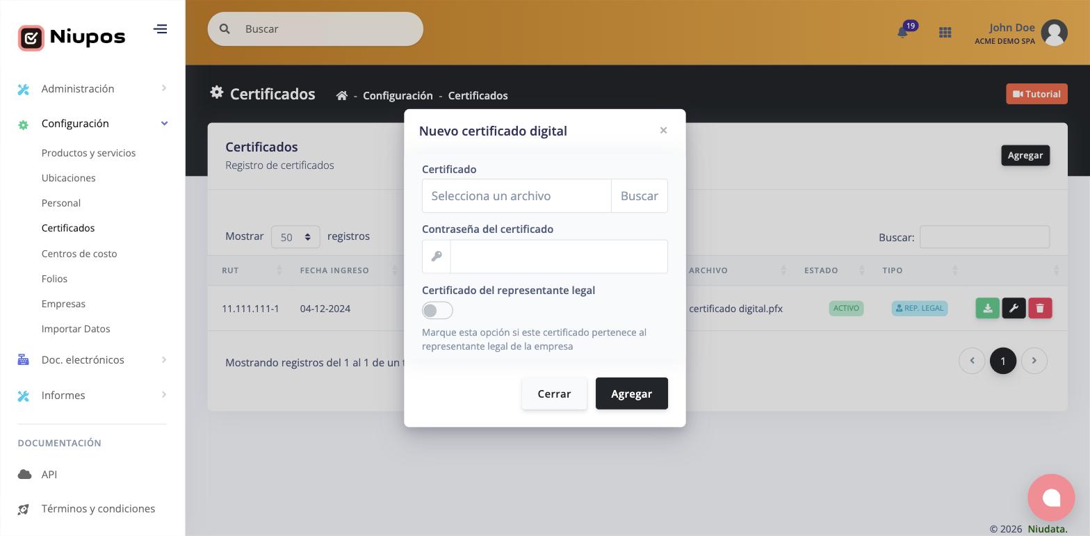 Ventana Nuevo certificado digital con el campo de archivo y contraseña