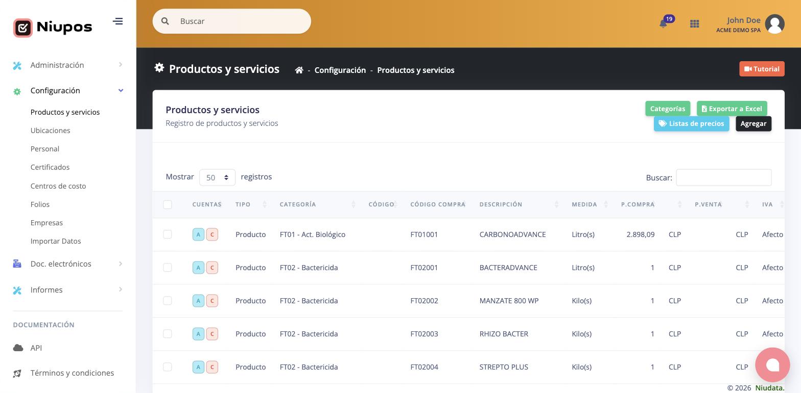 Listado del catálogo de productos y servicios