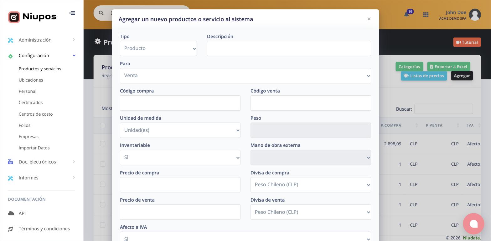 Formulario de alta de un producto con todos sus campos
