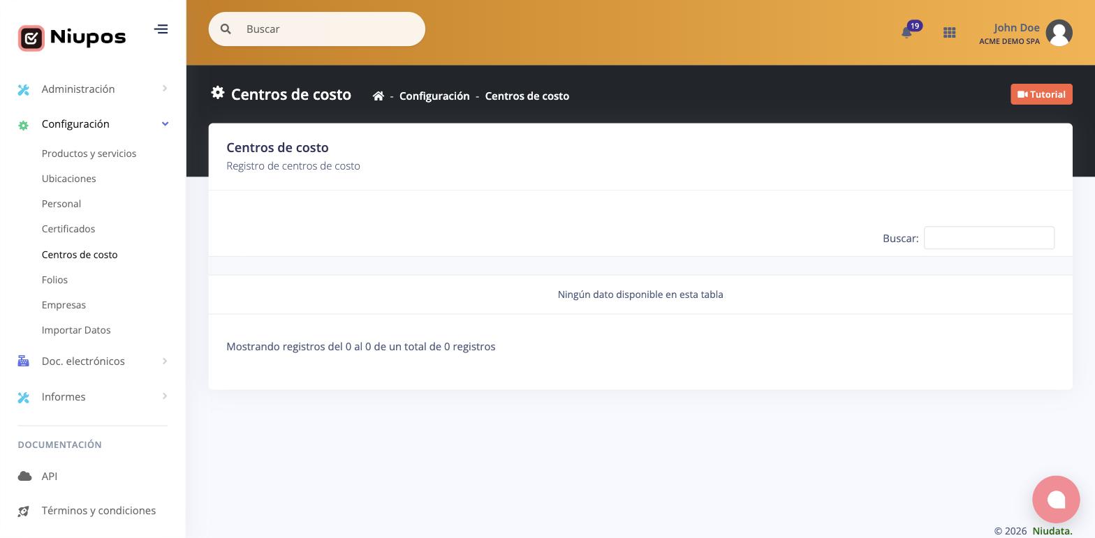 Pantalla de consulta de centros de costo