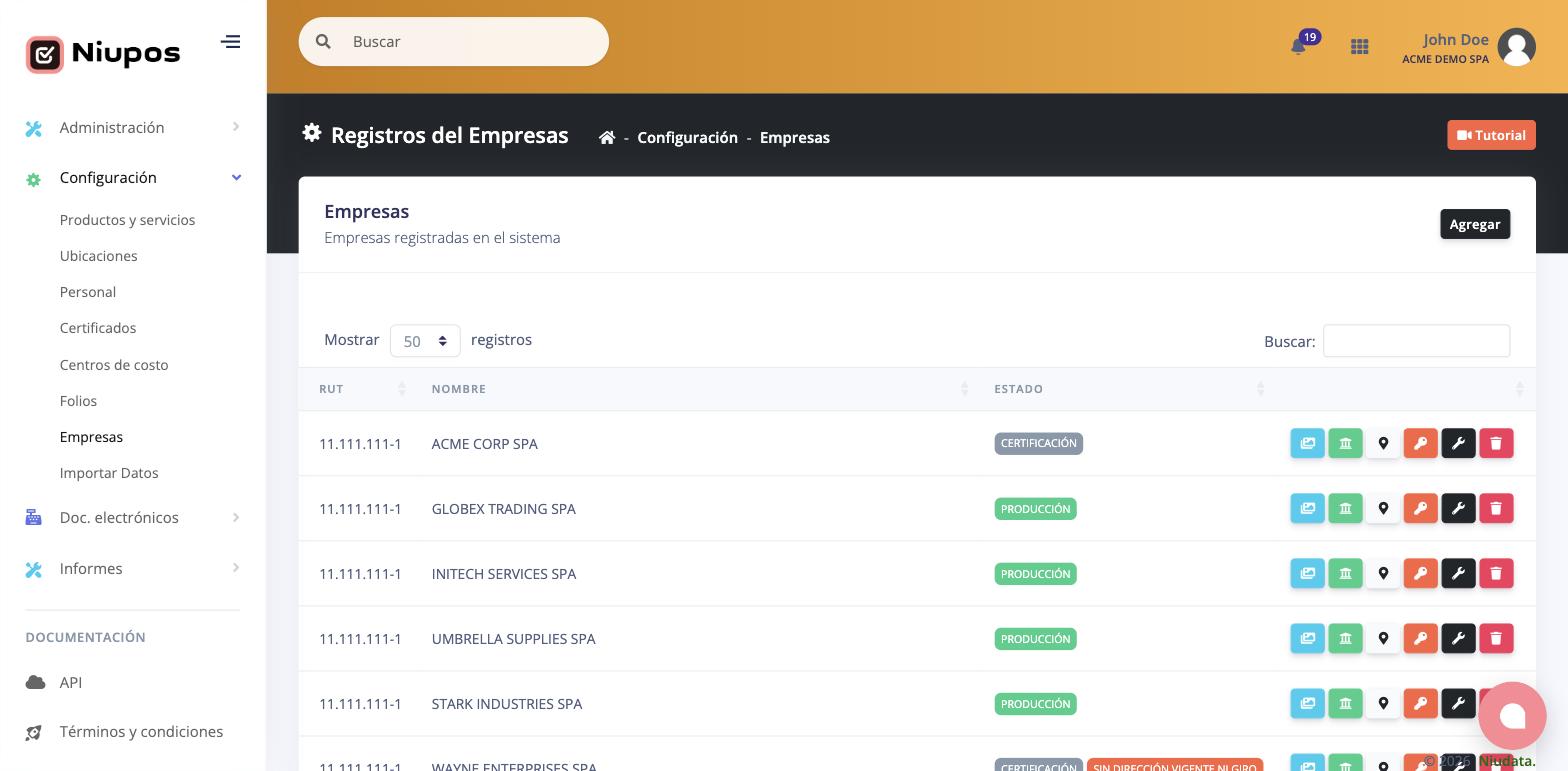 Listado de empresas registradas con RUT, nombre y estado de certificación o producción