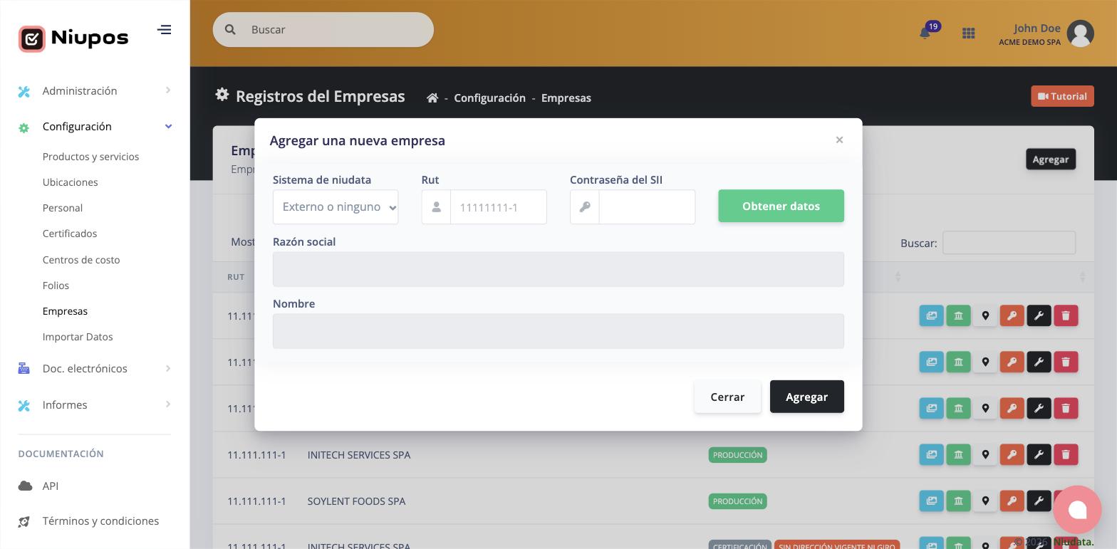 Ventana Agregar una nueva empresa con los campos RUT, contraseña del SII y razón social