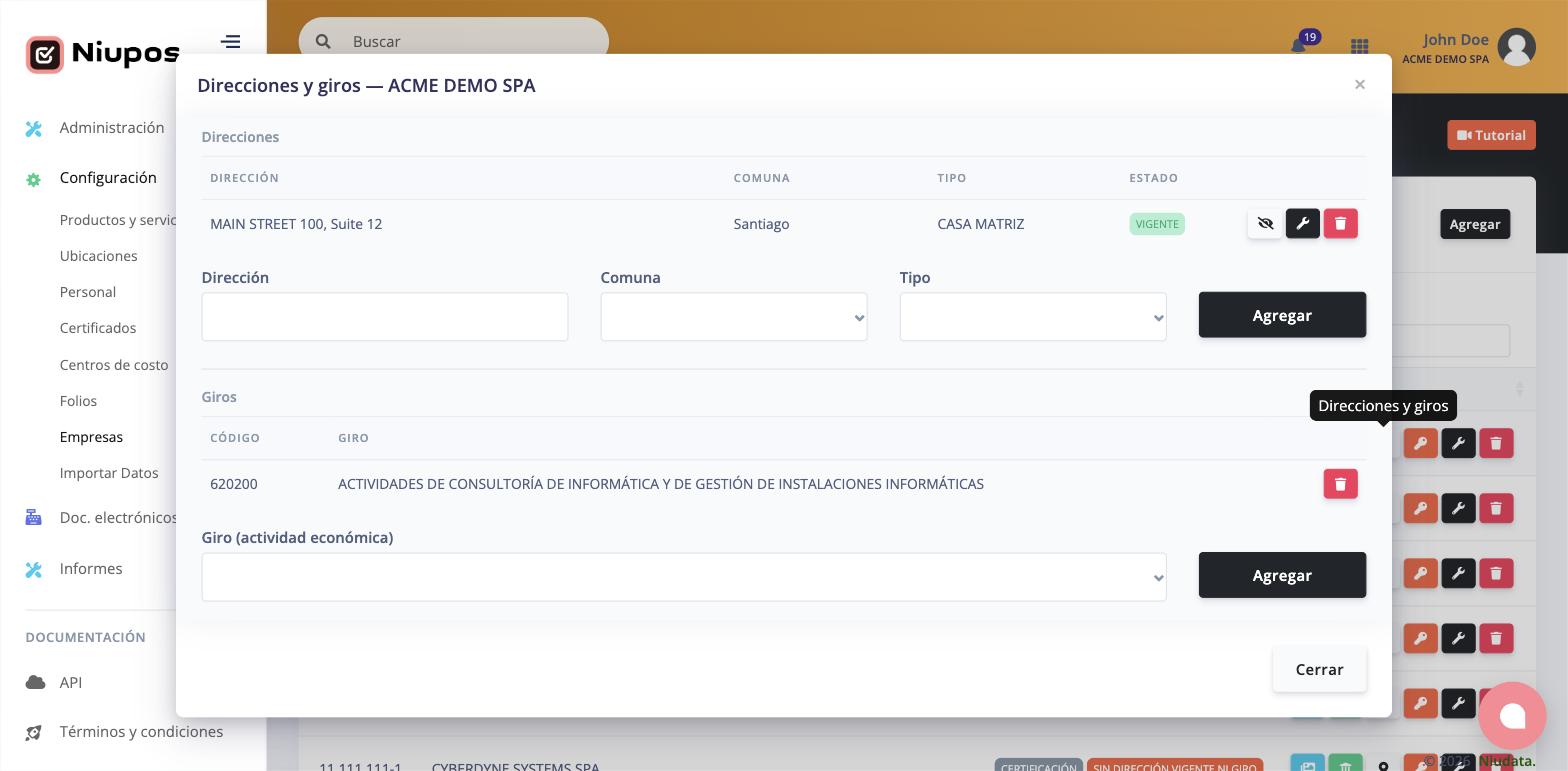 Ventana Direcciones y giros con la tabla de direcciones y el formulario de giros