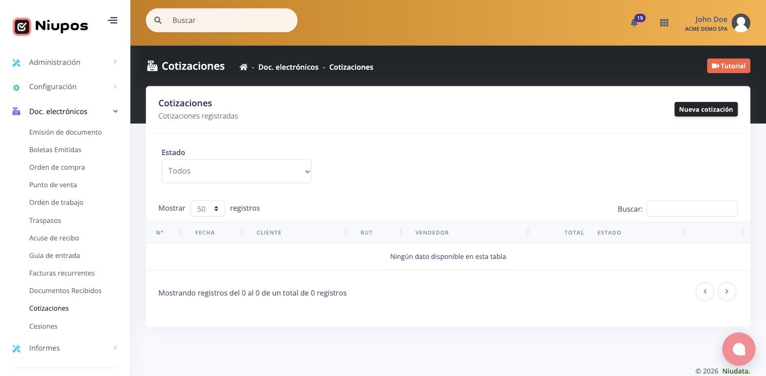 Listado de cotizaciones con el filtro por estado