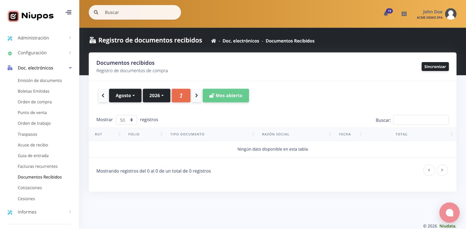 Registro de documentos de compra recibidos