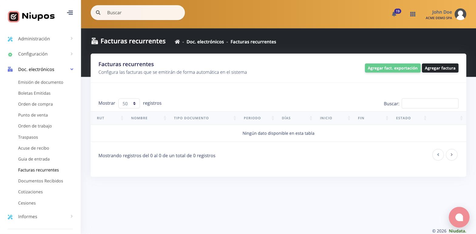 Listado de facturas recurrentes programadas