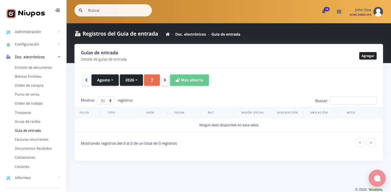 Listado de guías de entrada con el selector de período