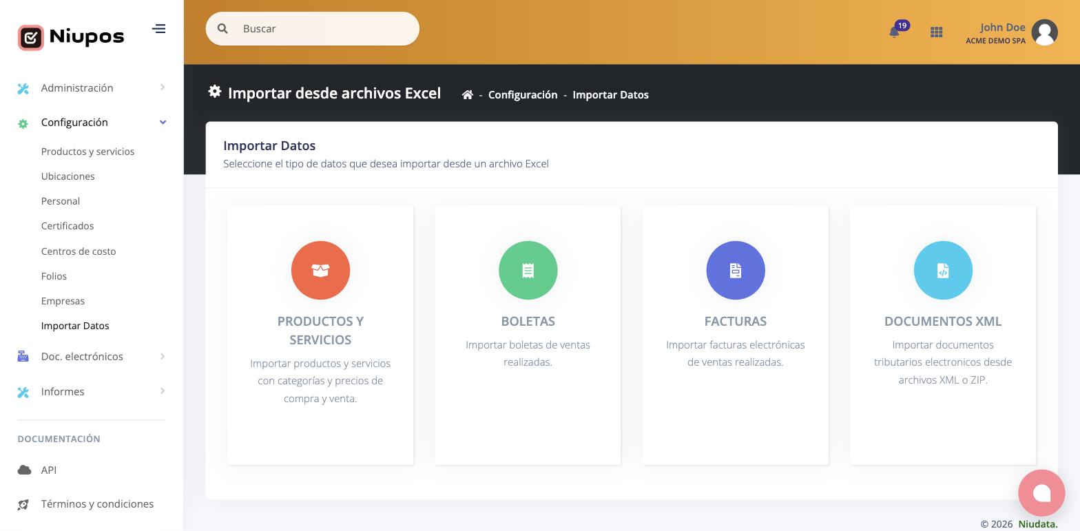 Pantalla Importar Datos con las cuatro opciones de carga