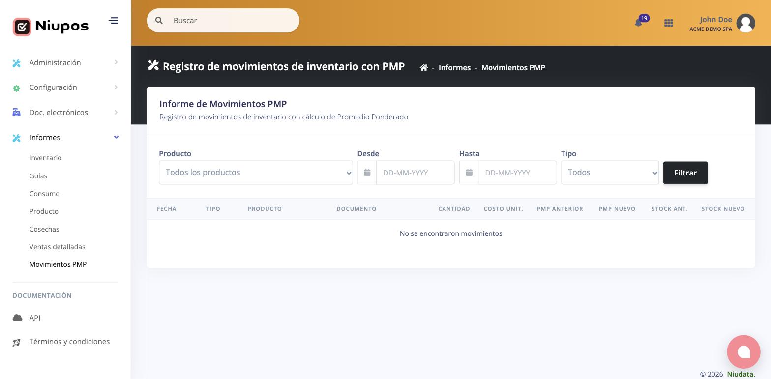Informe de movimientos con cálculo de promedio ponderado