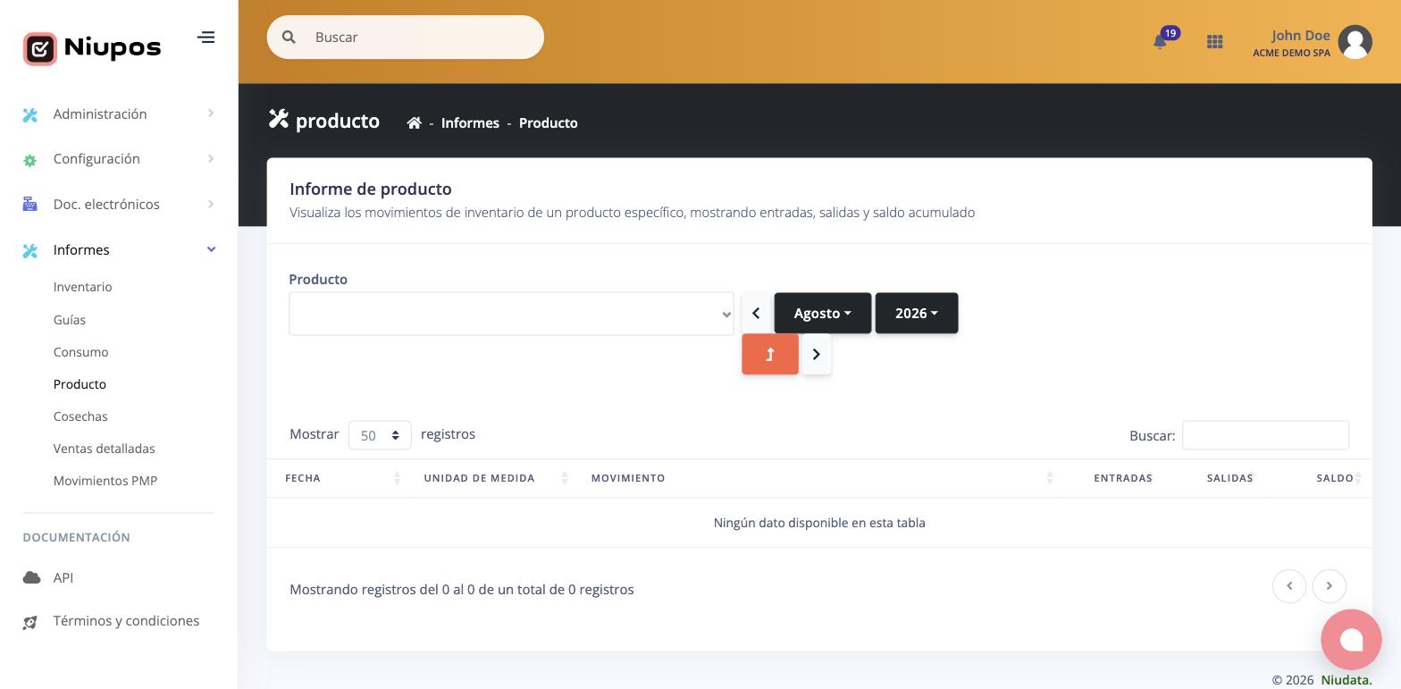 Informe de producto con el selector de producto y período