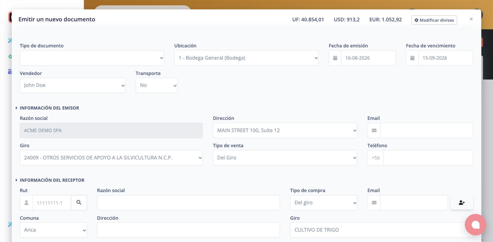 Ventana Emitir un nuevo documento con el selector Tipo de documento