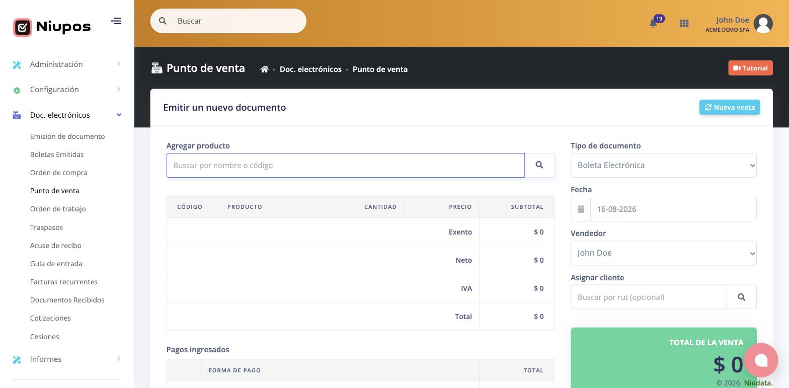 Pantalla del punto de venta con el buscador de productos y el panel de la venta