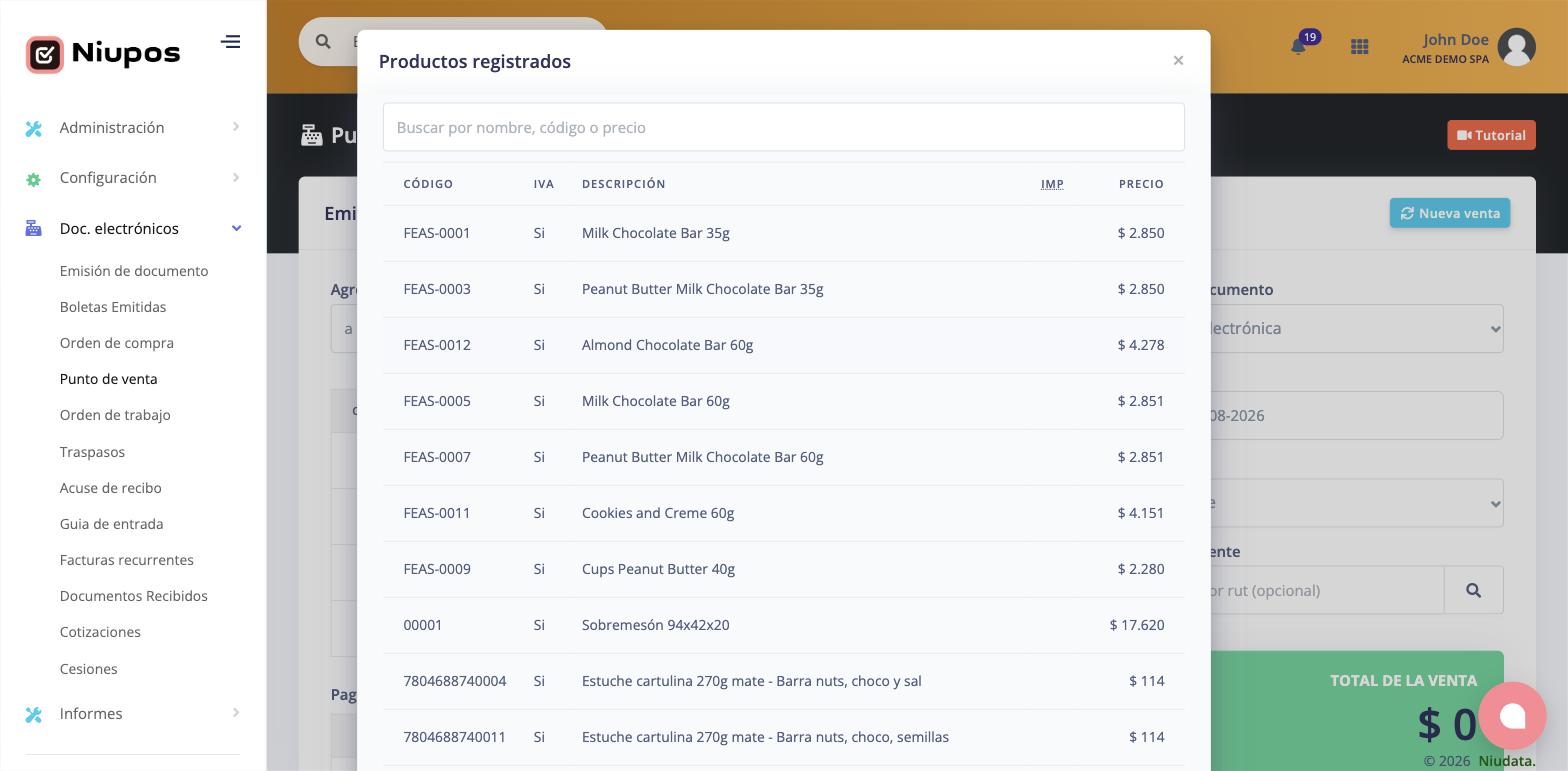 Ventana Productos registrados con el catálogo y su buscador