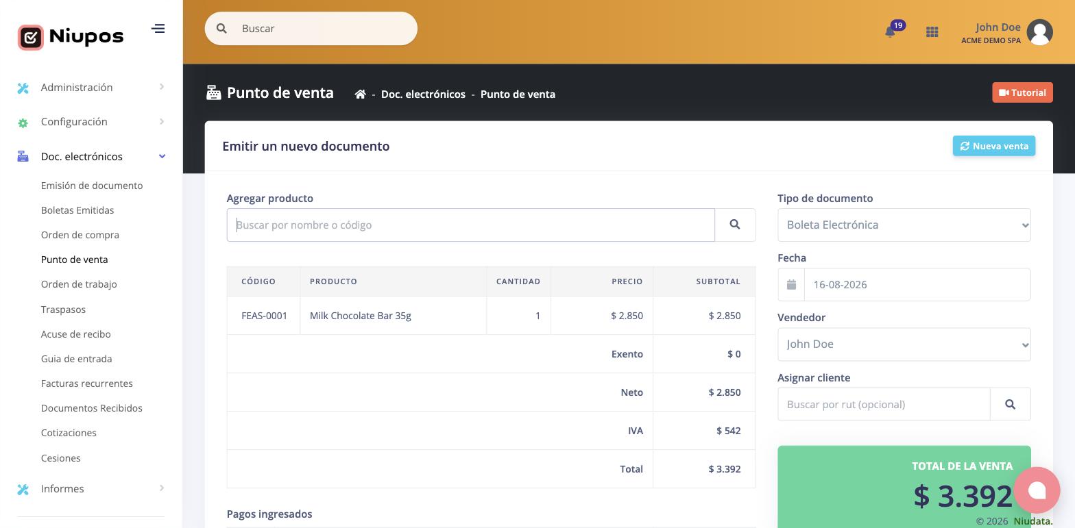 Venta con un producto cargado y los totales calculados