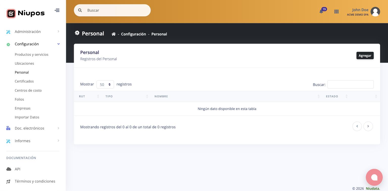 Listado de personal registrado