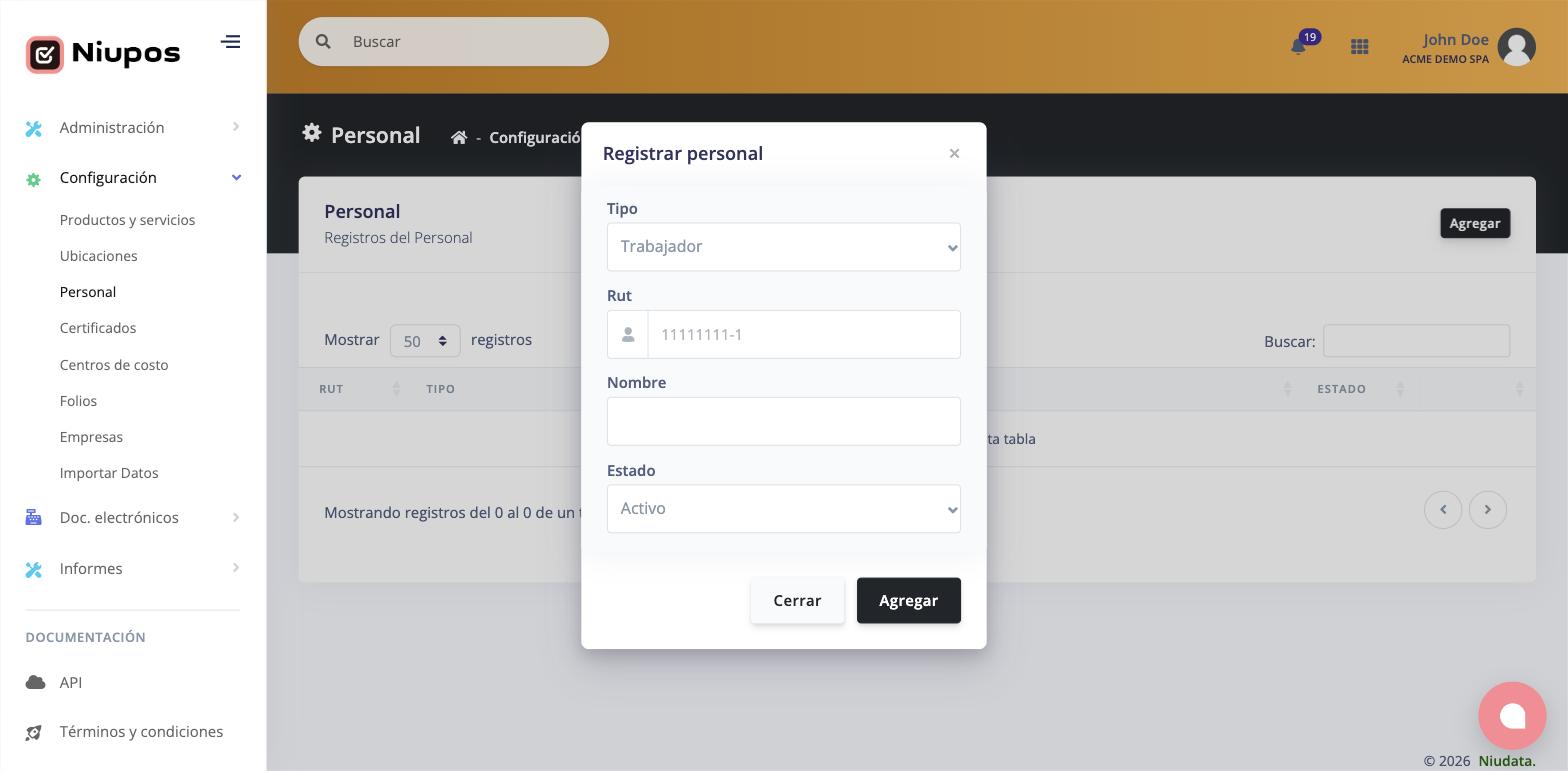 Ventana Registrar personal con tipo, RUT, nombre y estado