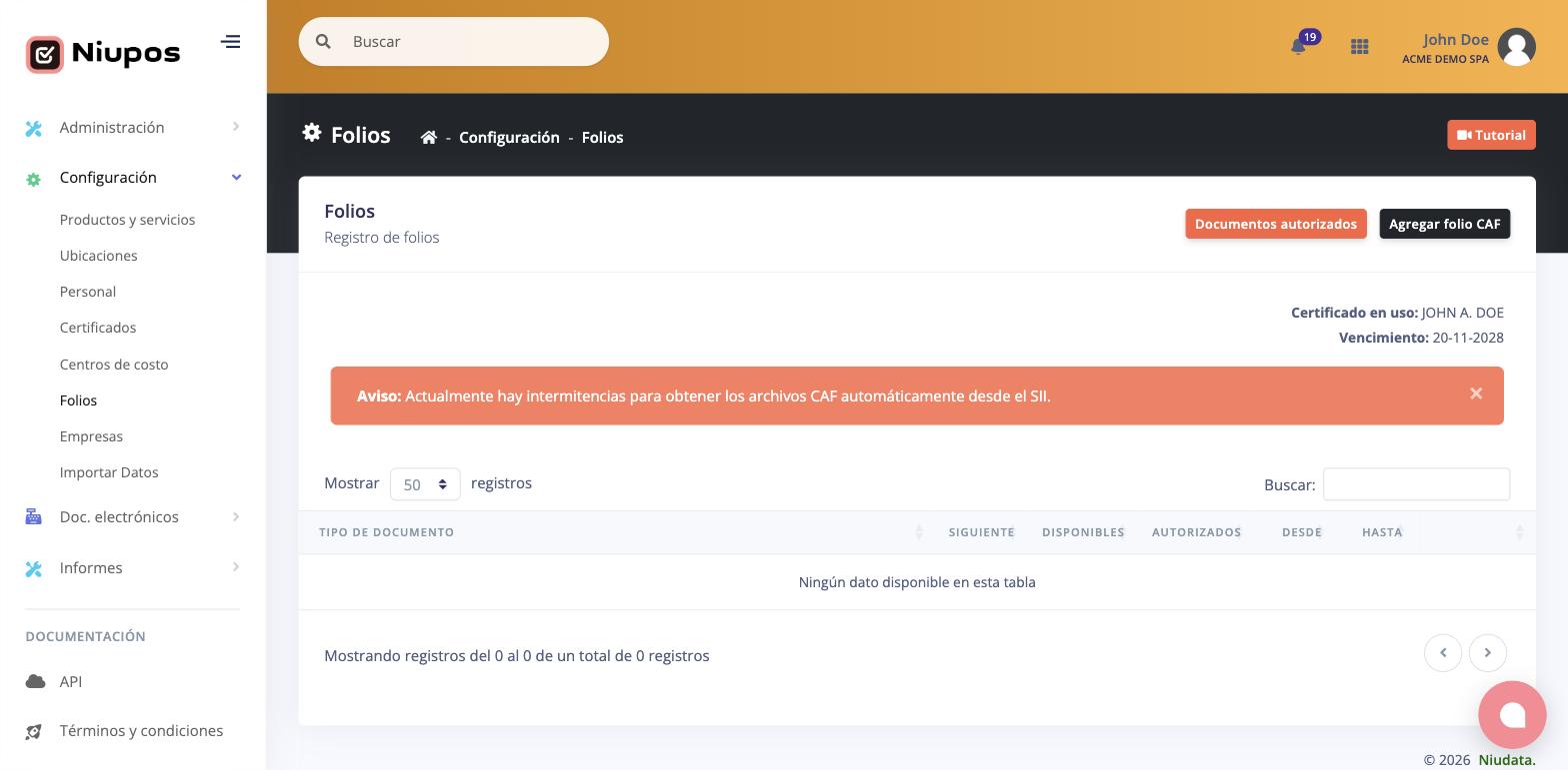 Pantalla Folios con el certificado en uso, el aviso del SII y los botones de acción