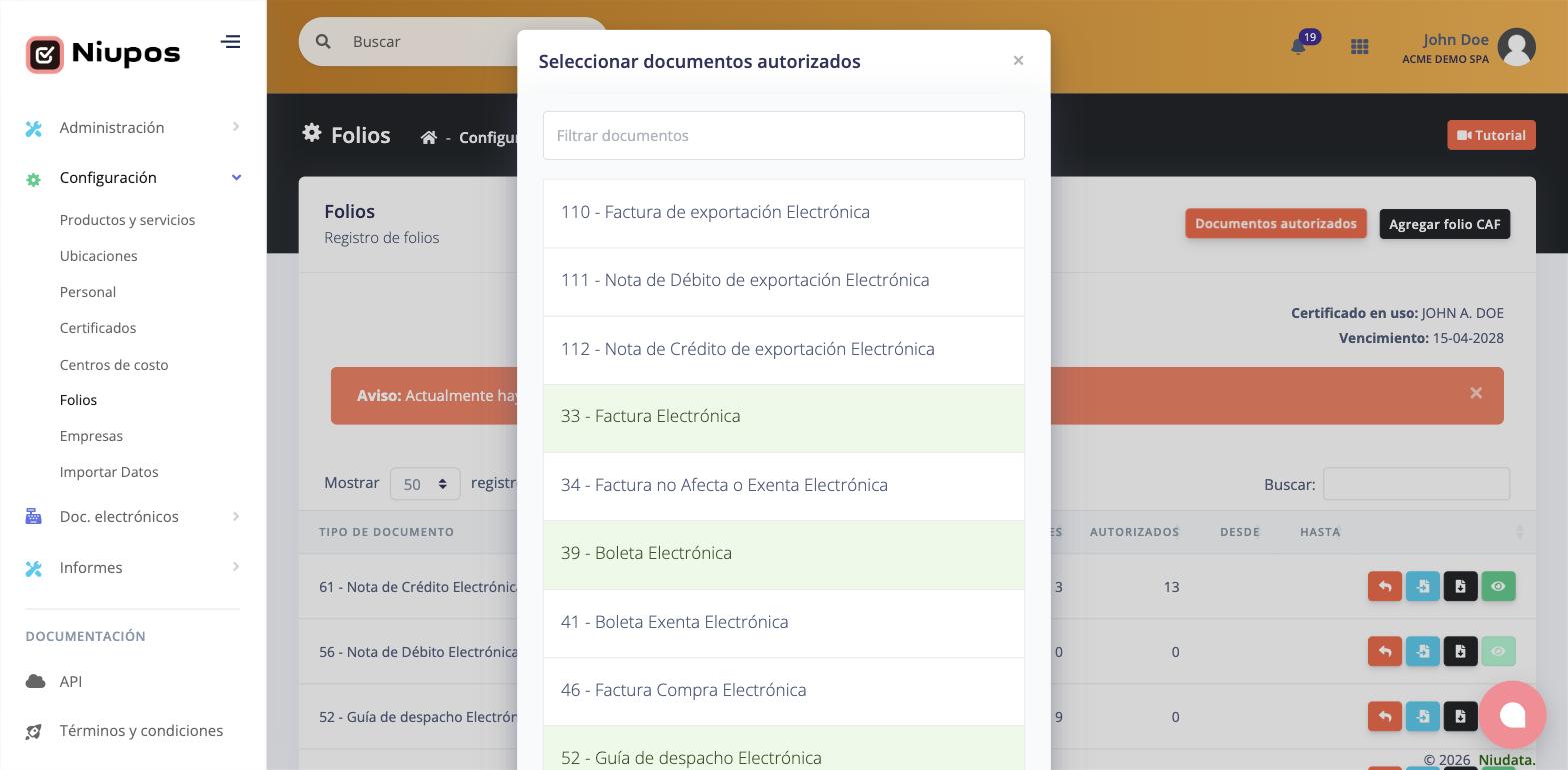 Ventana Seleccionar documentos autorizados con los tipos marcados en verde