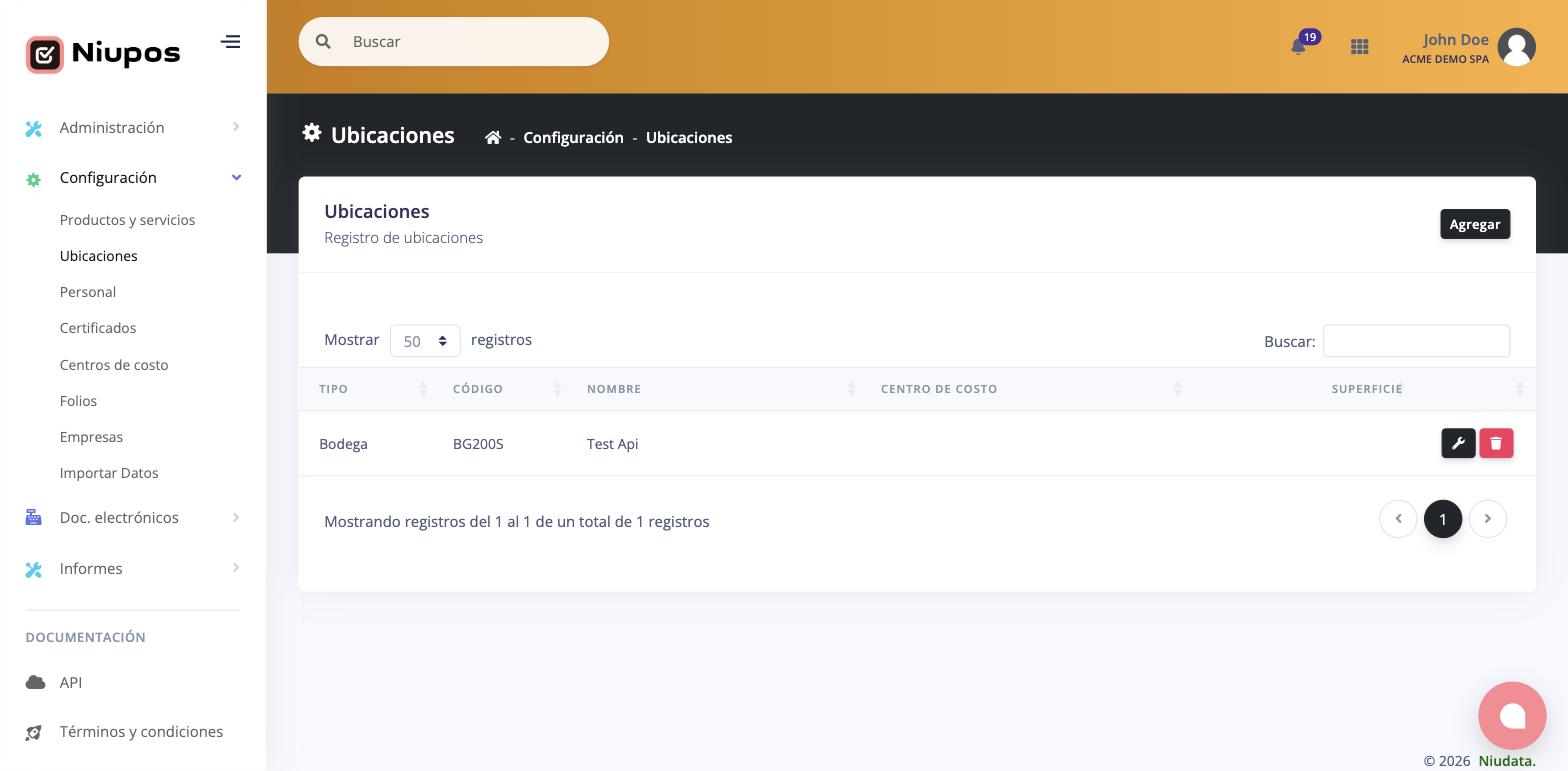 Listado de ubicaciones registradas