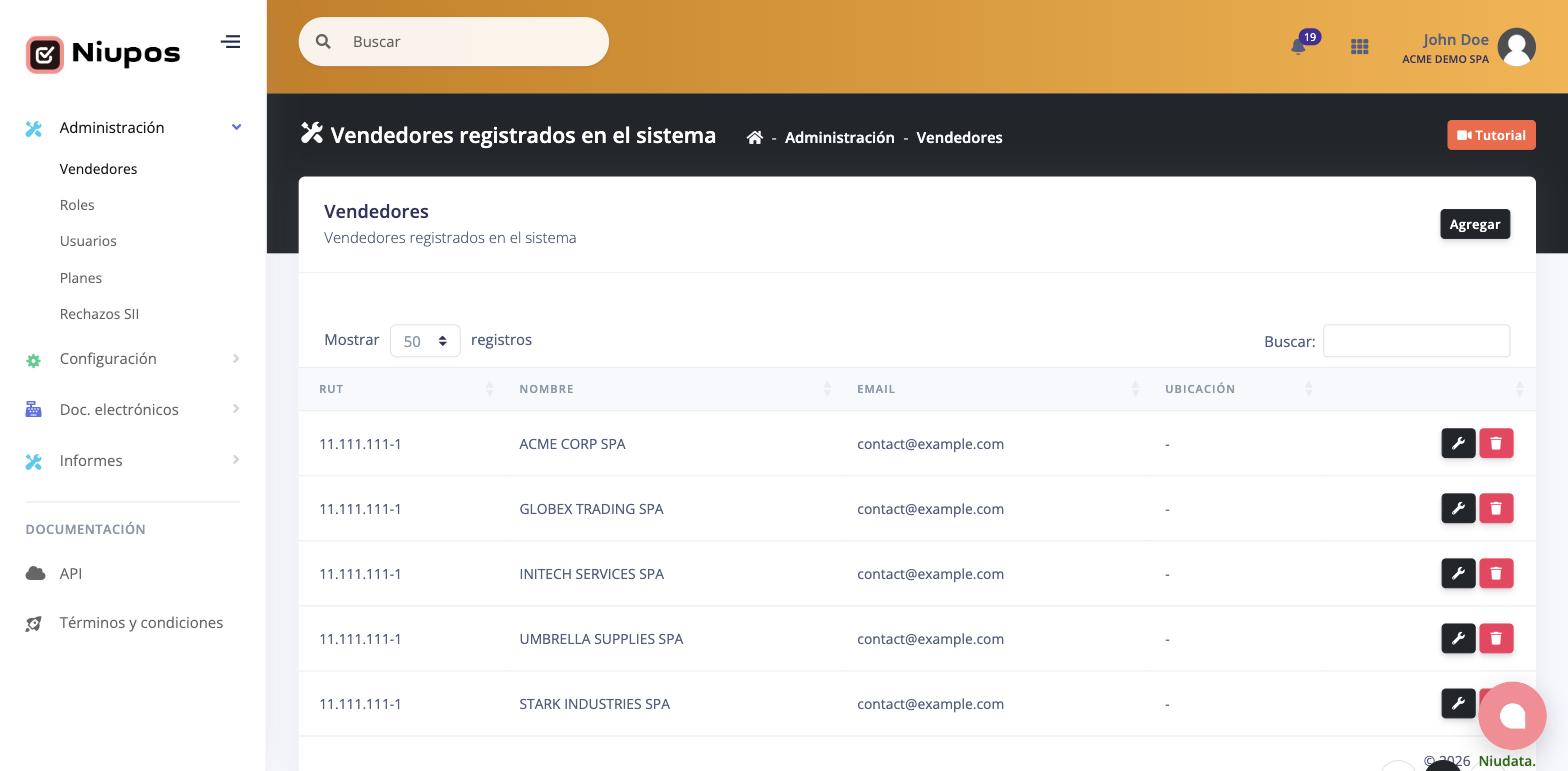 Listado de vendedores registrados en el sistema