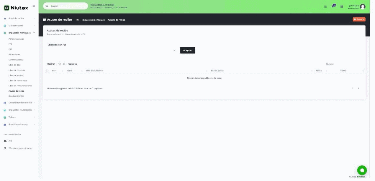 Pantalla de acuses de recibo con selector de RUT
