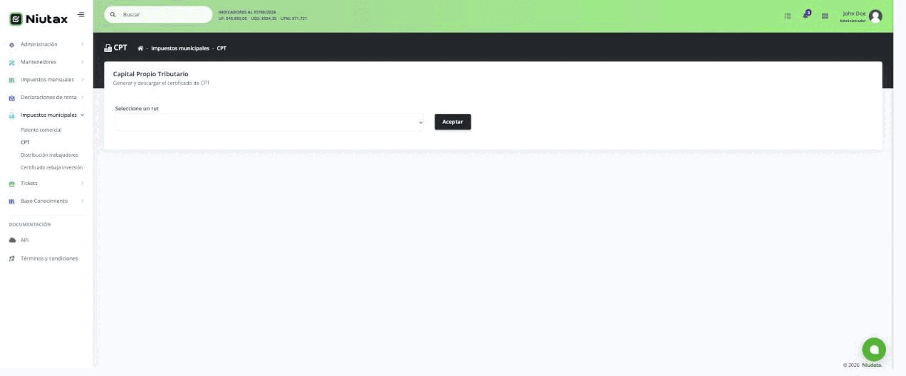 Pantalla de capital propio tributario con selector de RUT para generar y descargar el certificado