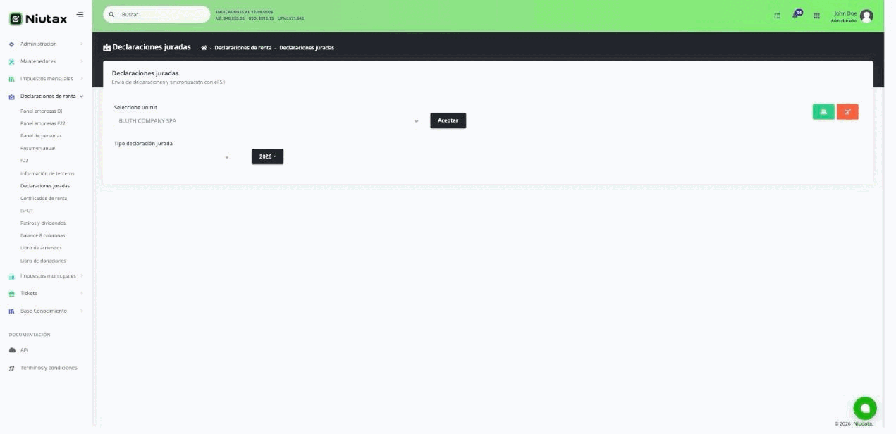 Pantalla de declaraciones juradas con selector de RUT, tipo de DJ y año