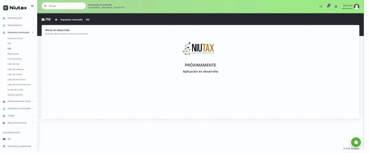 Pantalla F50 con el aviso Menú en desarrollo — Próximamente
