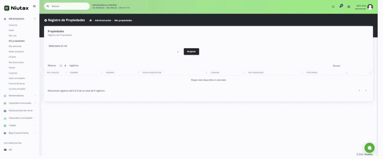 Registro de propiedades con selector de RUT y columnas rol de avalúo, nombre, número, fecha de adquisición, comuna, tipo de propiedad y tipo de renta