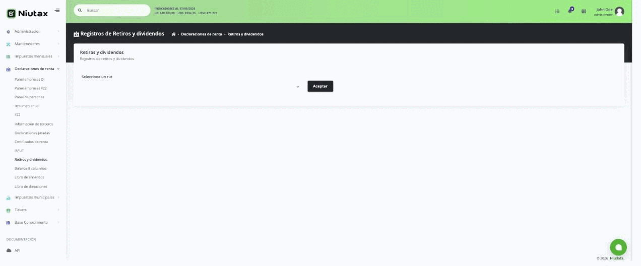 Pantalla de retiros y dividendos con selector de RUT